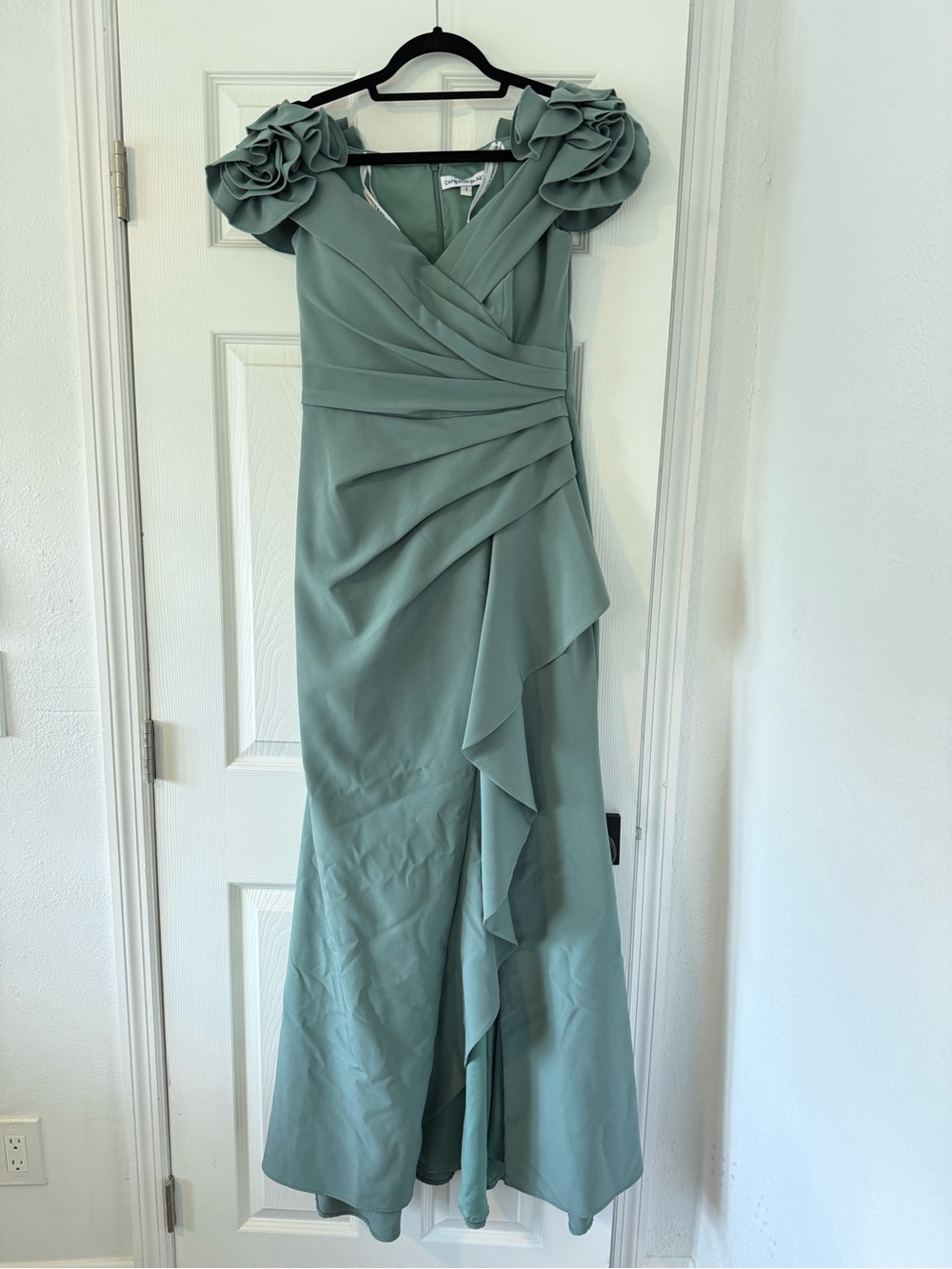 Cameron Blake Pleated Bodice Off-Shoulder Crepe Gown